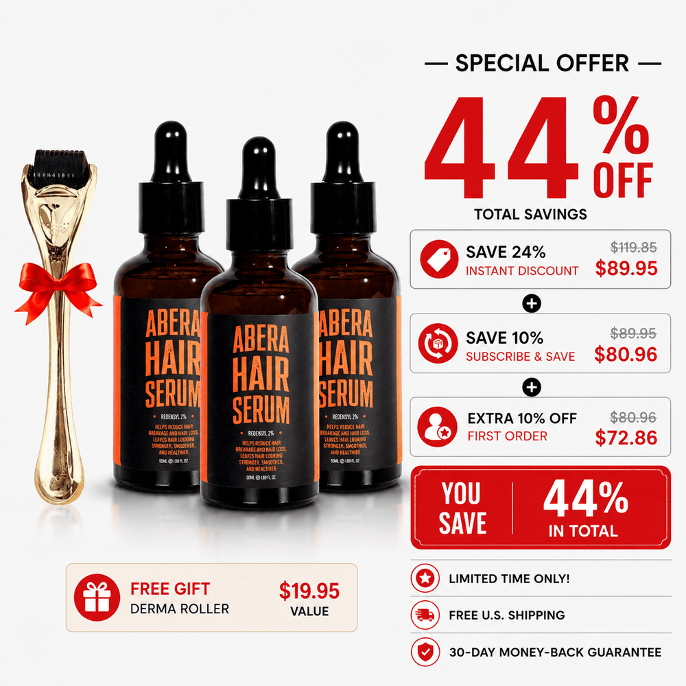 Abera Hair Growth Serum with Redensyl — 3 Month Supply (3 Bottles) + Free Gold Scalp Roller